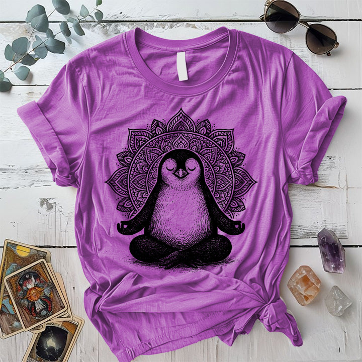 Meditating Penguin Mandala T-Shirt Mockup Heather Radiant Orchid