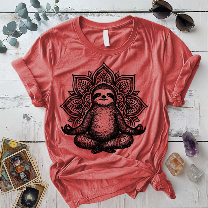 Meditating Sloth Mandala T-Shirt Mockup Coral Silk