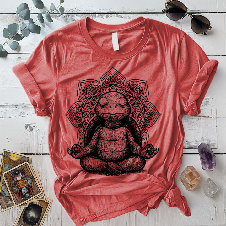 Meditating Turtle Mandala T-Shirt Mockup Coral Silk