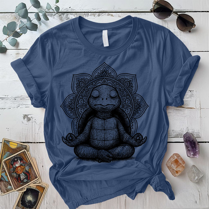 Meditating Turtle Mandala T-Shirt Mockup Indigo Blue