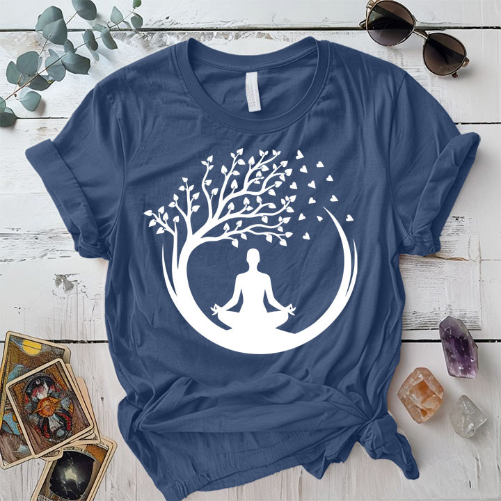 Meditation Tree T-Shirt Mockup Indigo Blue