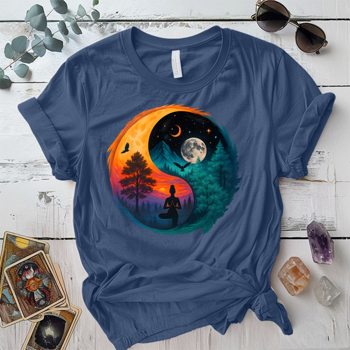Meditation Under Cosmic Skies T-Shirt Mockup Indigo Blue