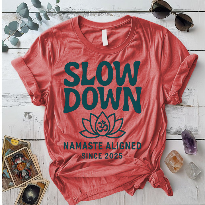 Namaste Aligned T-Shirt Mockup Coral Silk