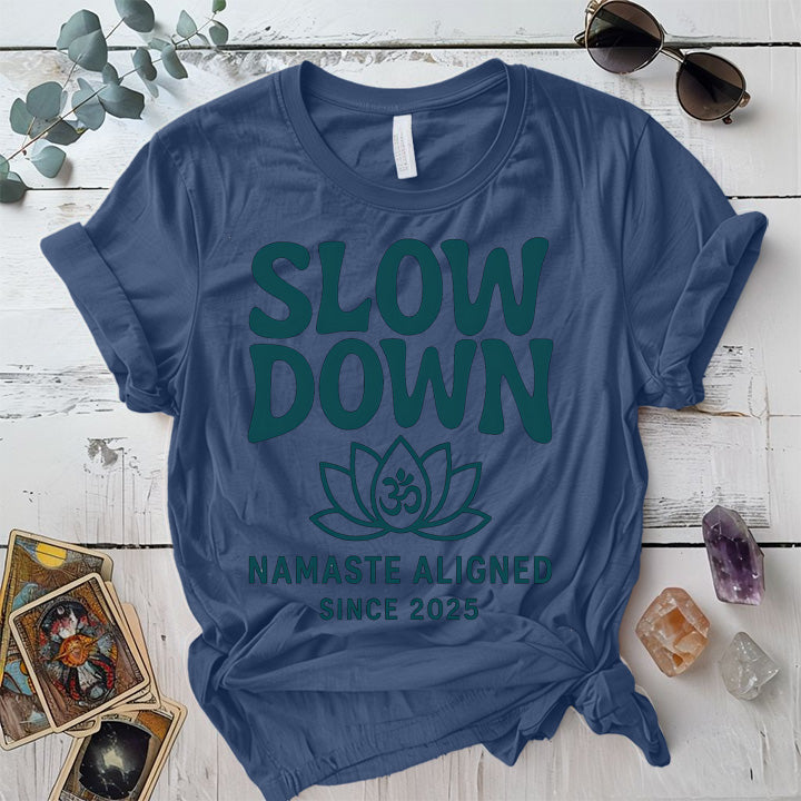 Namaste Aligned T-Shirt Mockup Indigo Blue