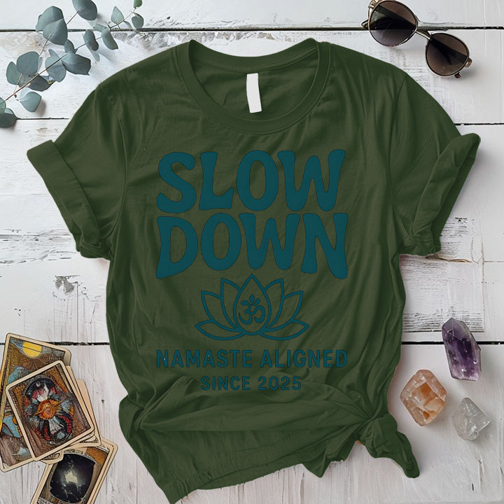 Namaste Aligned T-Shirt Mockup Military Green
