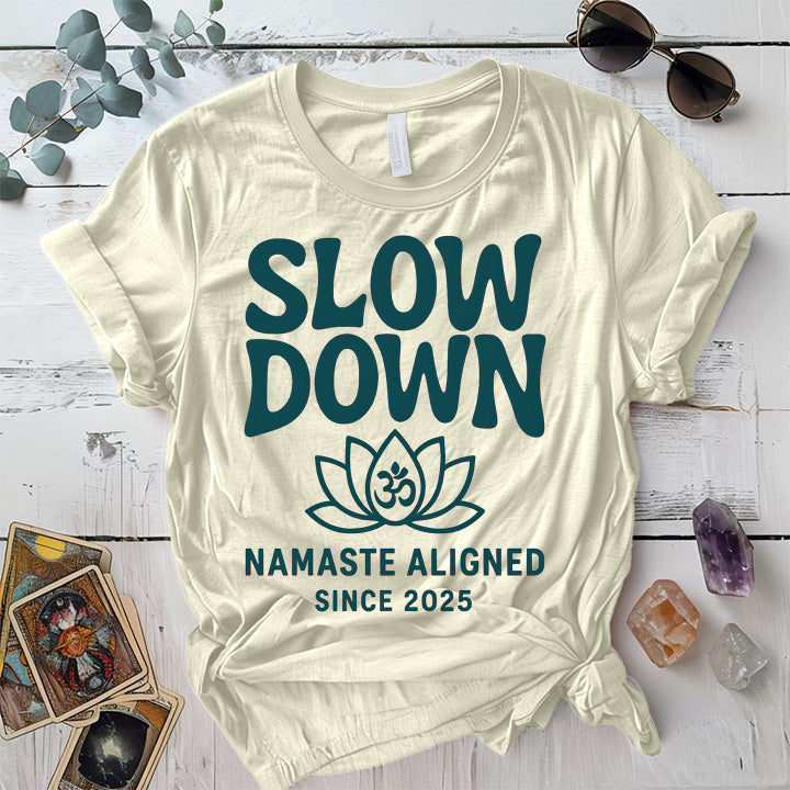 Namaste Aligned T-Shirt Mockup Natural