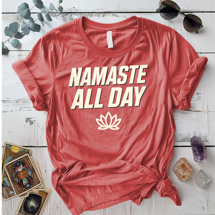 Namaste All Day T-Shirt Mockup Coral Silk