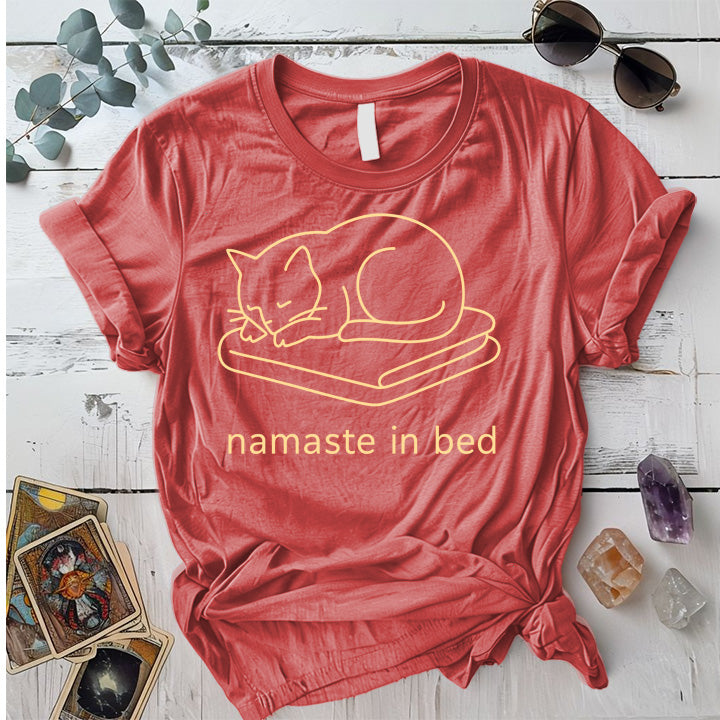 Namaste In Bed Cat T-Shirt Mockup Coral Silk