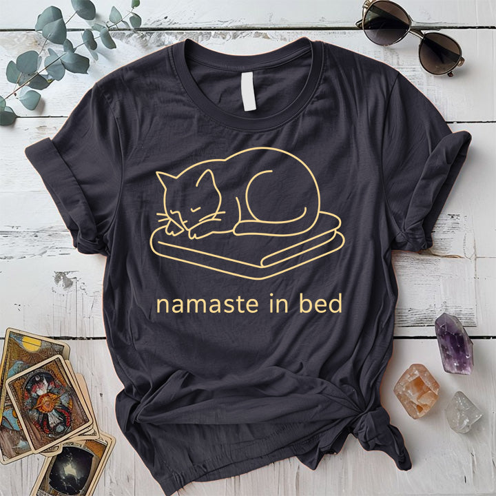 Namaste In Bed Cat T-Shirt Mockup Dark Heather Grey