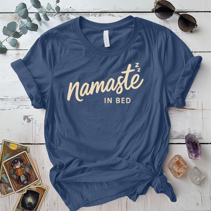 Namaste In Bed T-Shirt Mockup Indigo Blue