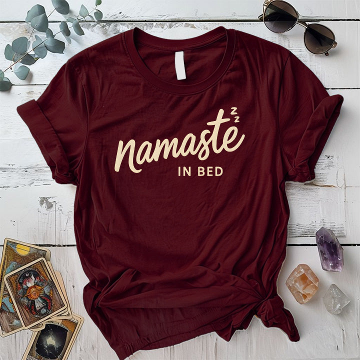 Namaste In Bed T-Shirt Mockup Maroon