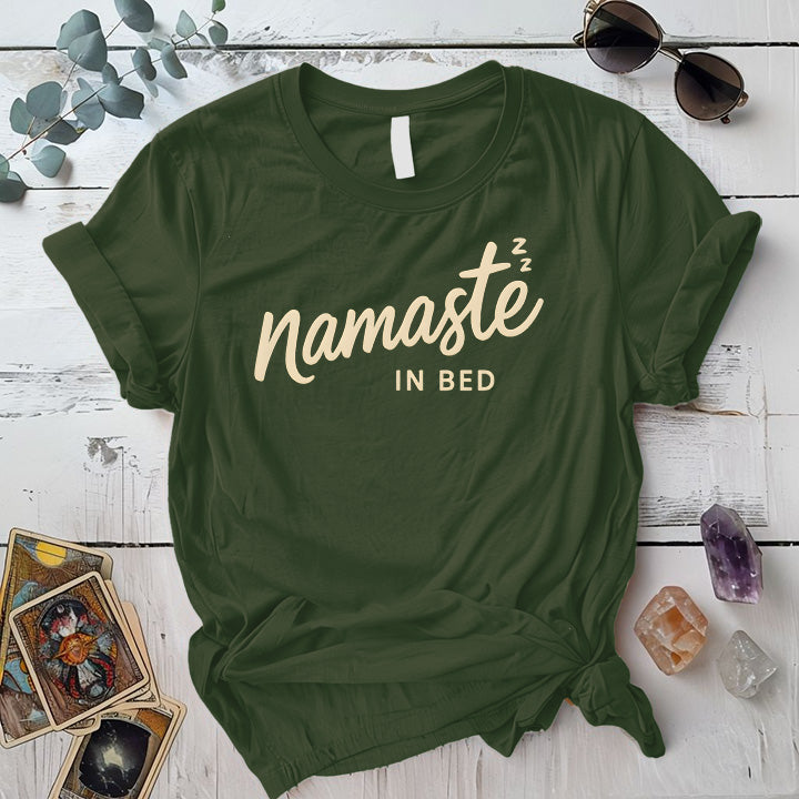 Namaste In Bed T-Shirt Mockup Military Green