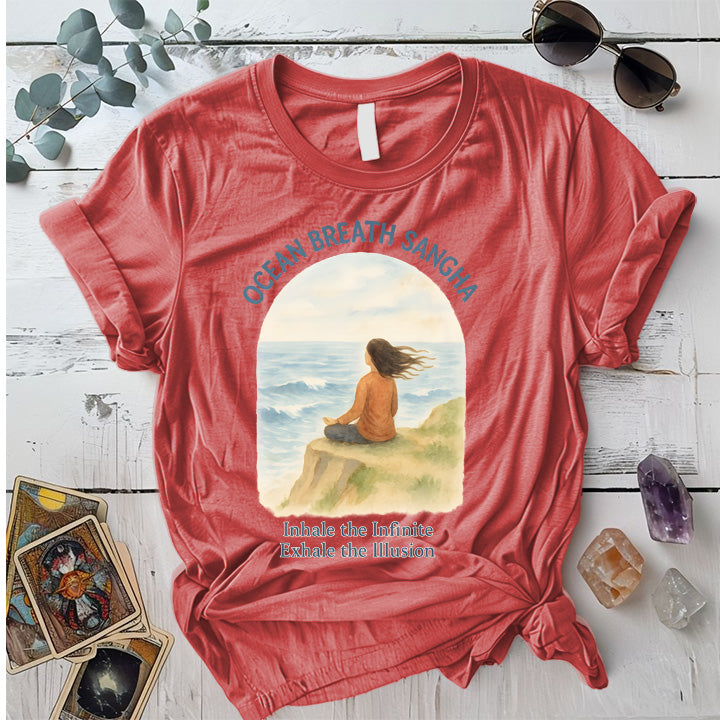 Ocean Breath Sangha T-Shirt Mockup Coral Silk