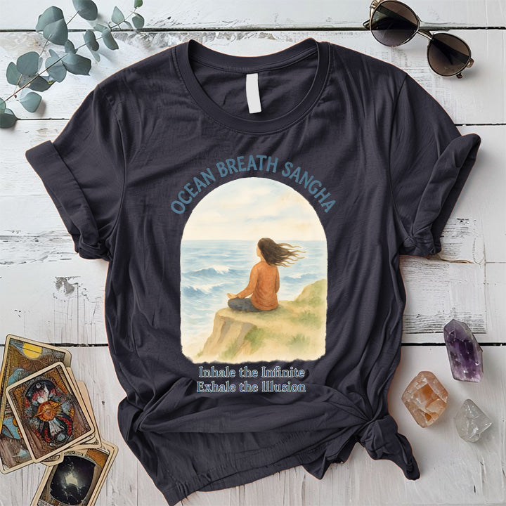 Ocean Breath Sangha T-Shirt Mockup Dark Heather Grey
