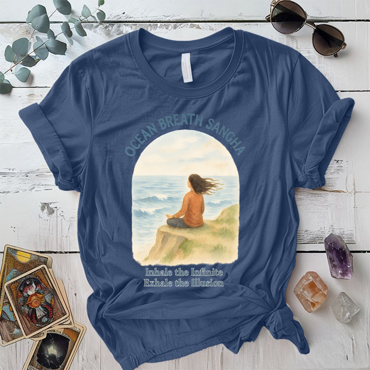 Ocean Breath Sangha T-Shirt Mockup Indigo Blue