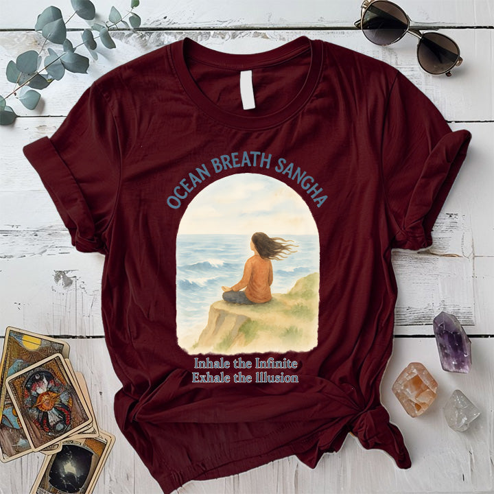 Ocean Breath Sangha T-Shirt Mockup Maroon