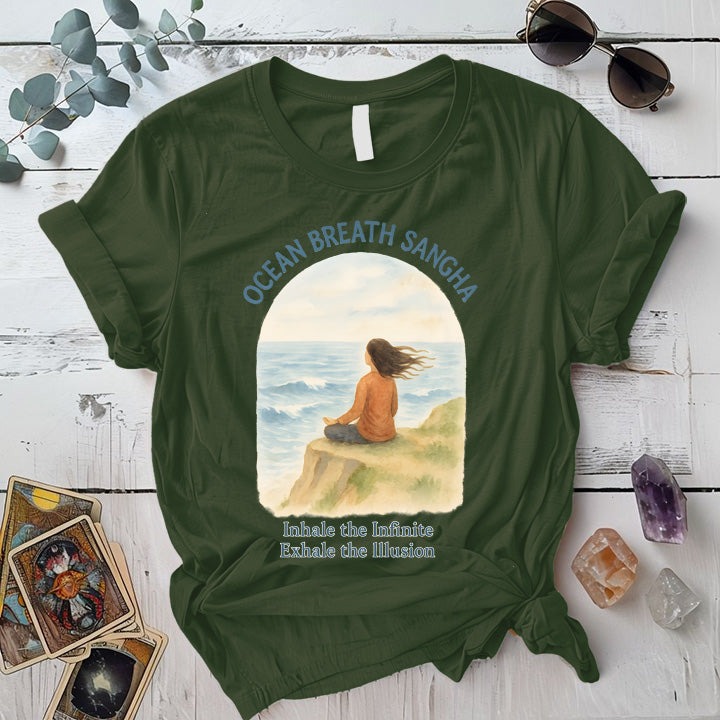 Ocean Breath Sangha T-Shirt Mockup Military Green