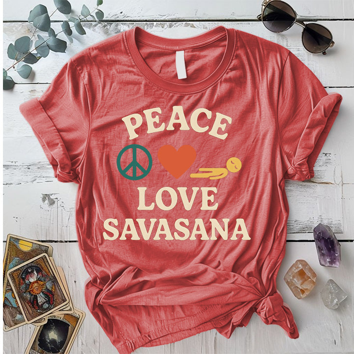 Peace Love Savasana T-Shirt Mockup Coral Silk