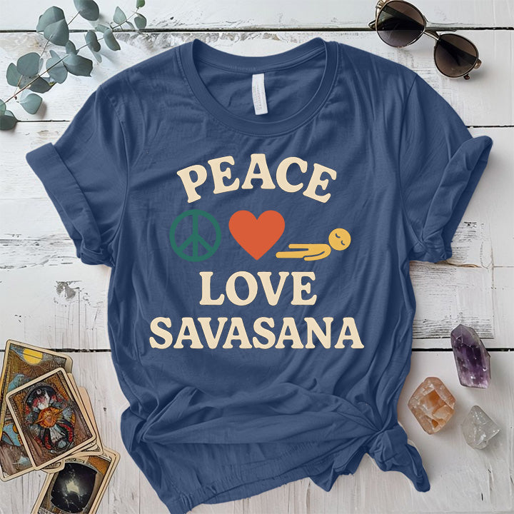 Peace Love Savasana T-Shirt Mockup Indigo Blue