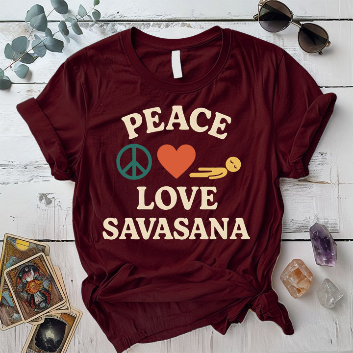 Peace Love Savasana T-Shirt Mockup Maroon