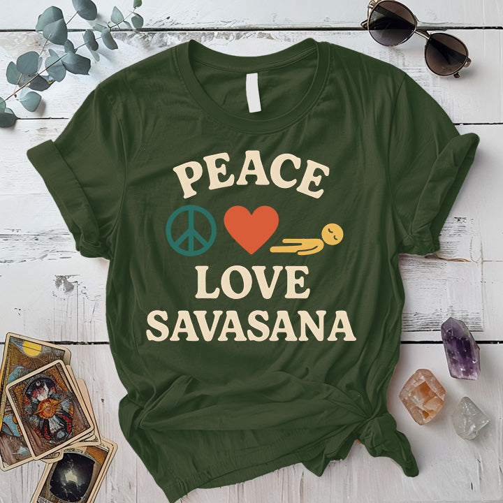 Peace Love Savasana T-Shirt Mockup Military Green
