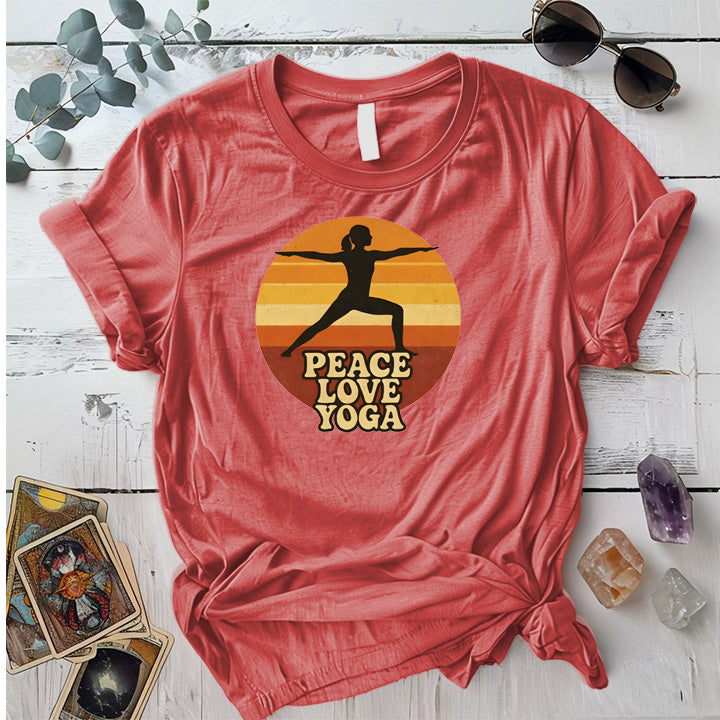 Peace Love Yoga Sunset T-Shirt Mockup Coral Silk