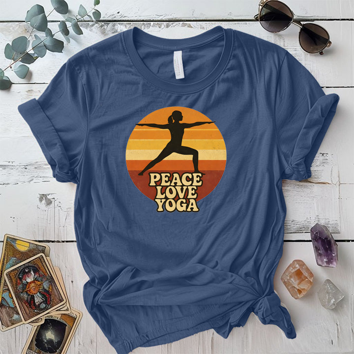 Peace Love Yoga Sunset T-Shirt Mockup Indigo Blue