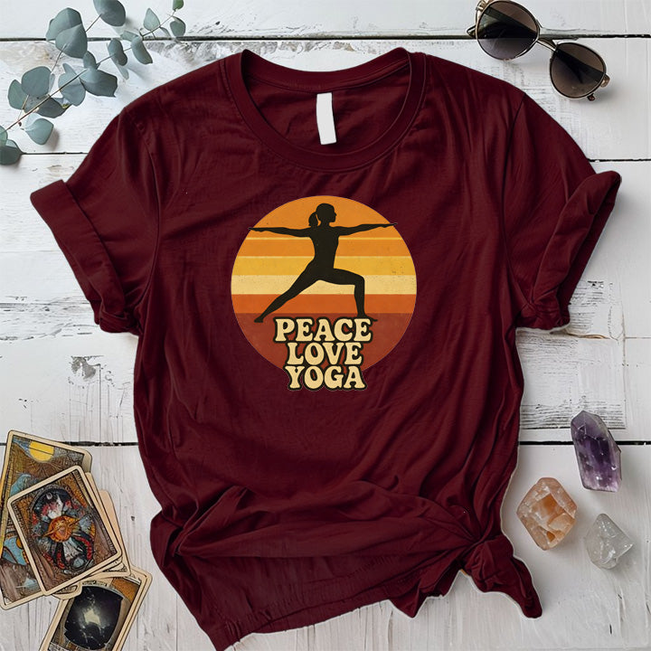 Peace Love Yoga Sunset T-Shirt Mockup Maroon