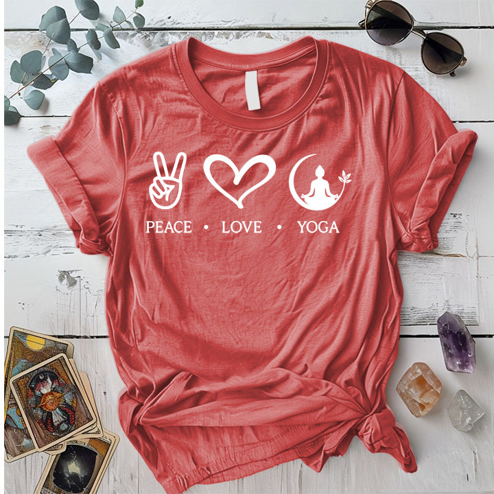 Peace Love Yoga T-Shirt Mockup Coral Silk