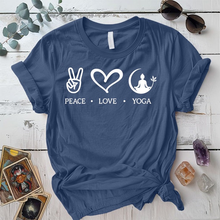 Peace Love Yoga T-Shirt Mockup Indigo Blue