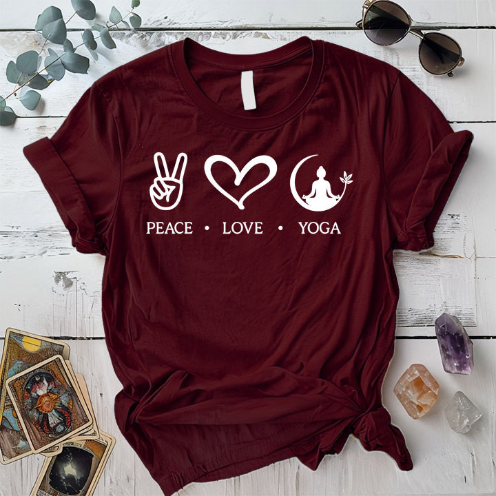 Peace Love Yoga T-Shirt Mockup Maroon