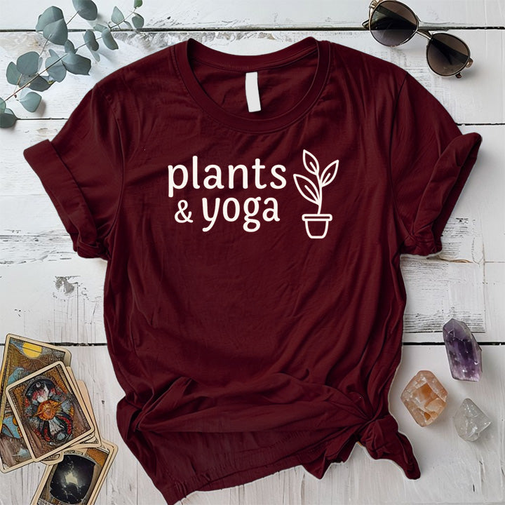 Plants and Yoga T-Shirt Mockup maroon