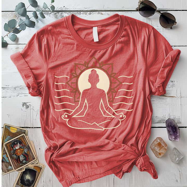 Radiant Lotus Pose T-Shirt Mockup Coral Silk