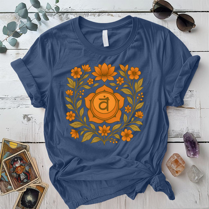 Retro Floral Sacral Chakra T-Shirt Mockup Indigo Blue