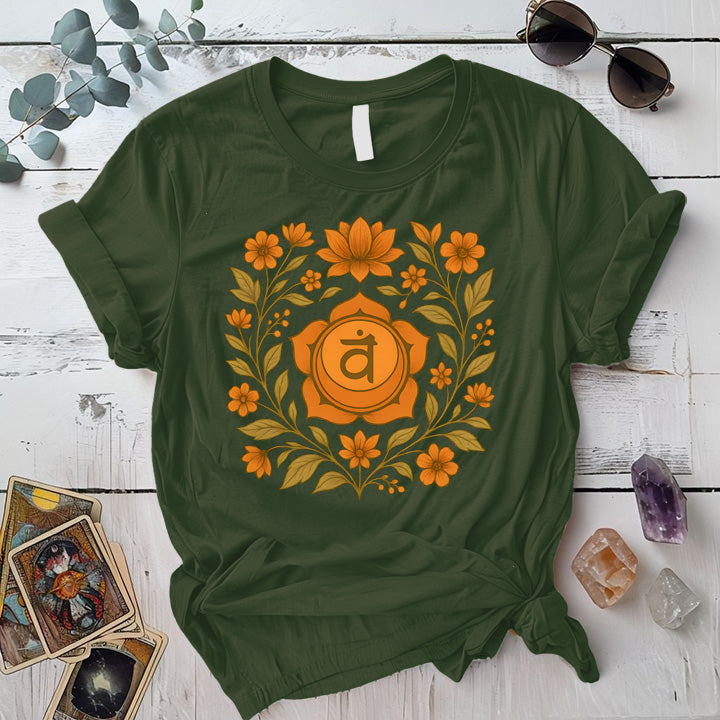 Retro Floral Sacral Chakra T-Shirt Mockup Military Green