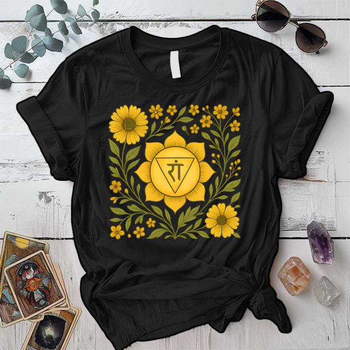 Retro Floral Solar Plexus Chakra T-Shirt Mockup Black