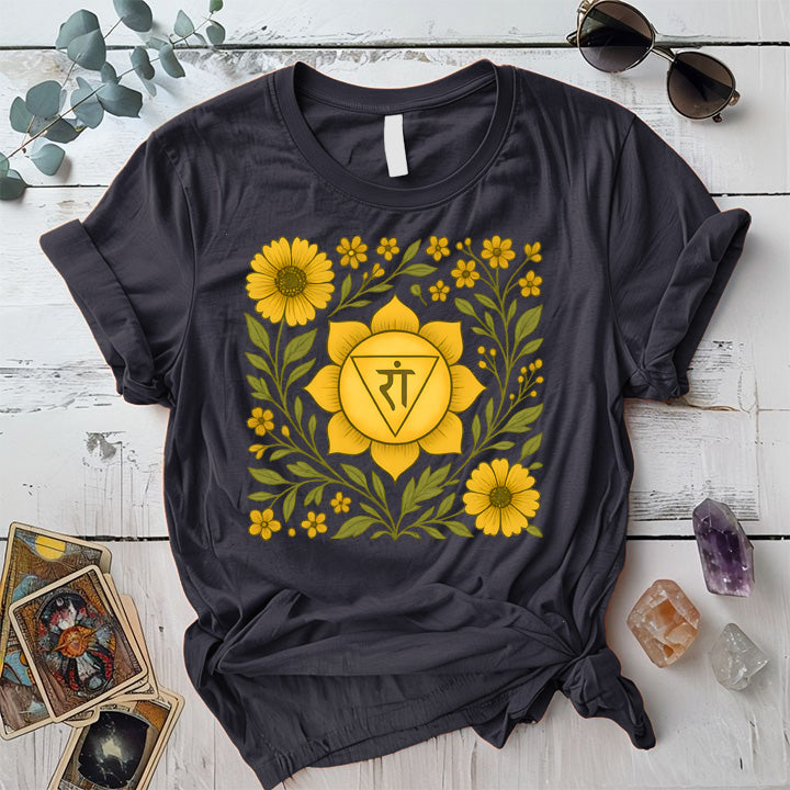 Retro Floral Solar Plexus Chakra T-Shirt Mockup Dark Heather Grey