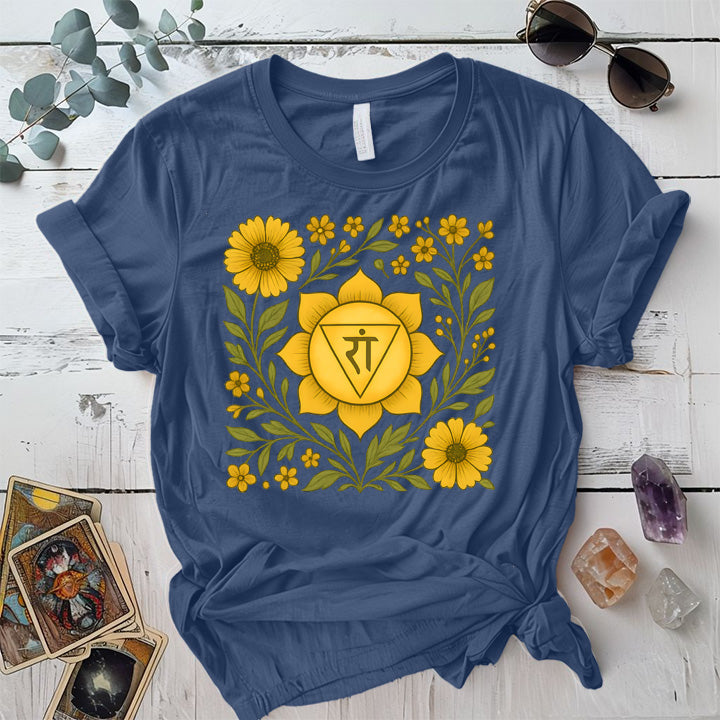 Retro Floral Solar Plexus Chakra T-Shirt Mockup Indigo Blue