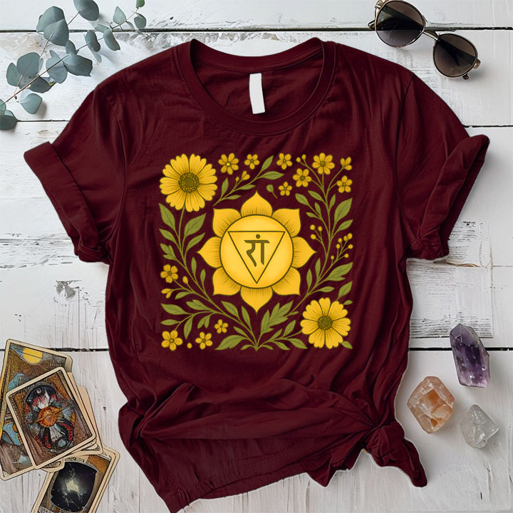 Retro Floral Solar Plexus Chakra T-Shirt Mockup Maroon