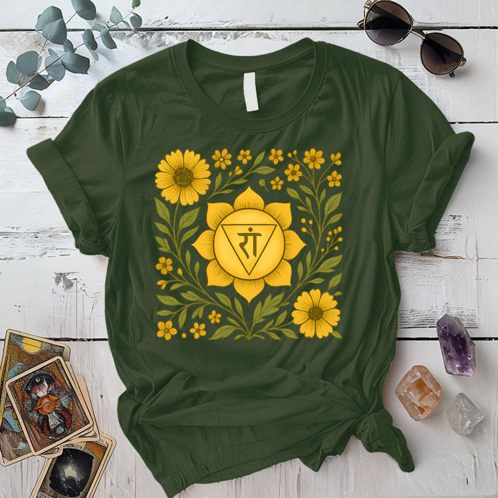 Retro Floral Solar Plexus Chakra T-Shirt Mockup Military Green