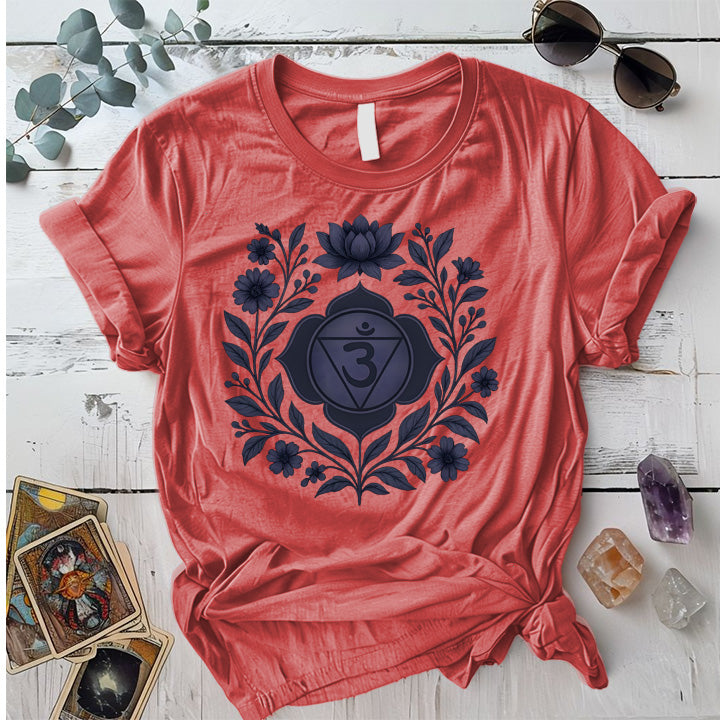 Retro Floral Third Eye Chakra T-Shirt Mockup Coral Silk