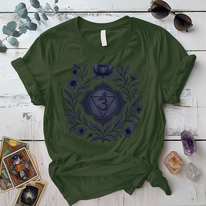 Retro Floral Third Eye Chakra T-Shirt Mockup Military Green