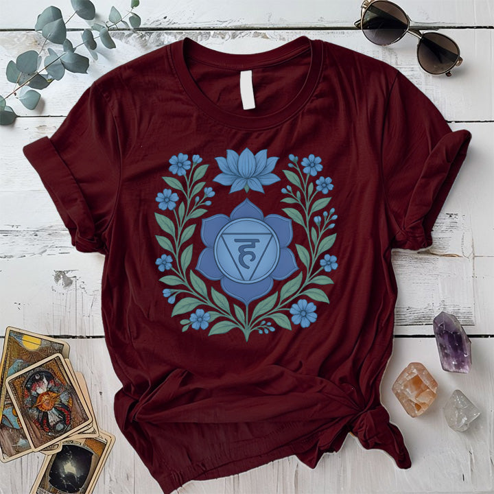 Retro Floral Throat Chakra T-Shirt Mockup Maroon