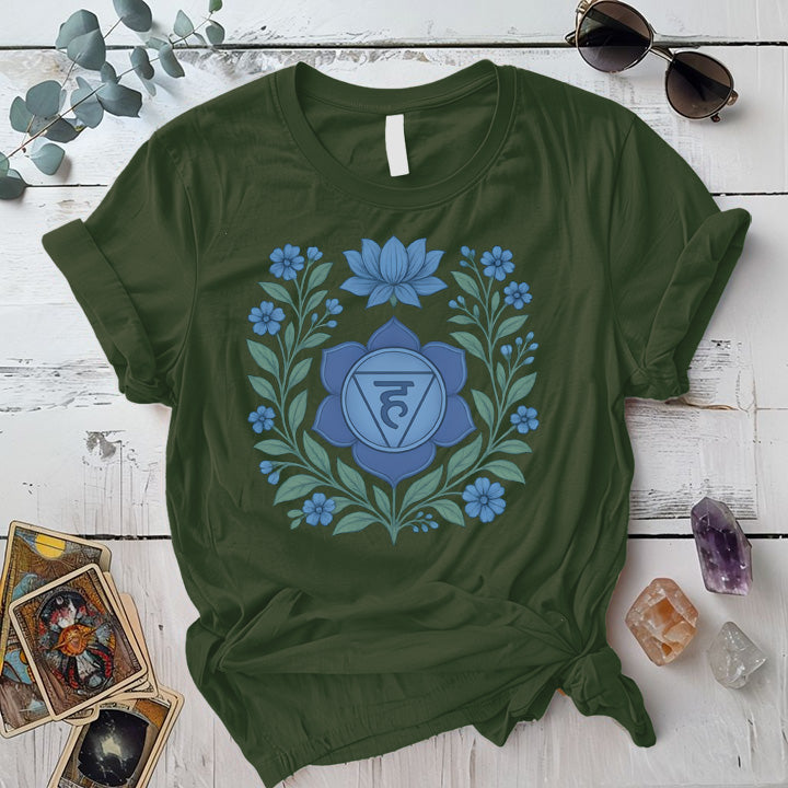 Retro Floral Throat Chakra T-Shirt Mockup Military Green