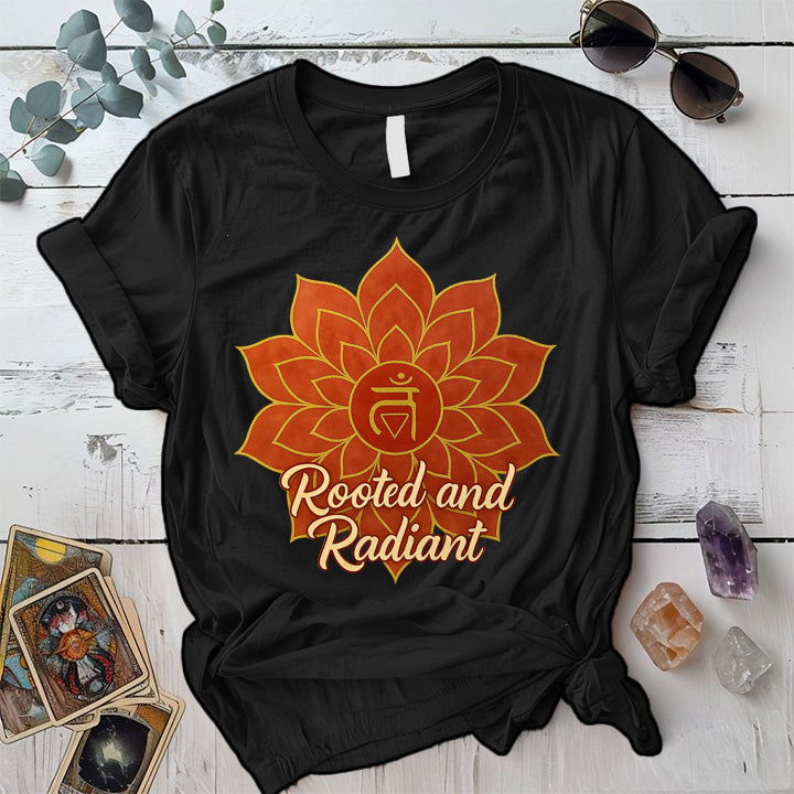 Rooted and Radiant Root Chakra T-Shirt Mockup black