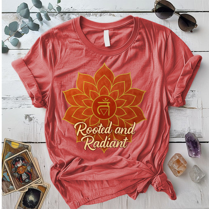 Rooted and Radiant Root Chakra T-Shirt Mockup coral-silk