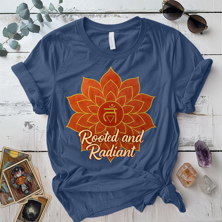 Rooted and Radiant Root Chakra T-Shirt Mockup indigo-blue