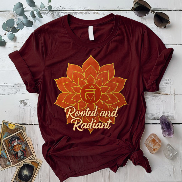 Rooted and Radiant Root Chakra T-Shirt Mockup maroon