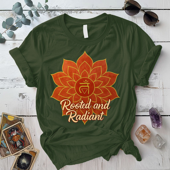 Rooted and Radiant Root Chakra T-Shirt Mockup military-green