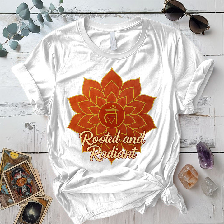 Rooted and Radiant Root Chakra T-Shirt Mockup white
